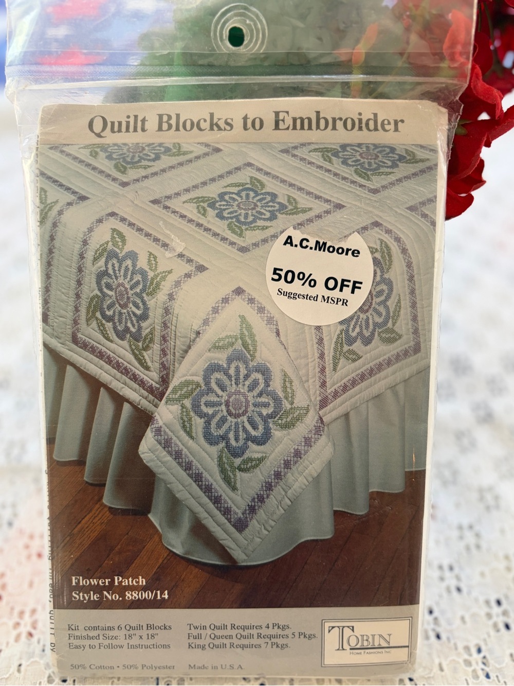 Tobin Quilt Blocks to Embroider Flower Patch Kit 8800/14 NWT 6 blks needlepoint
